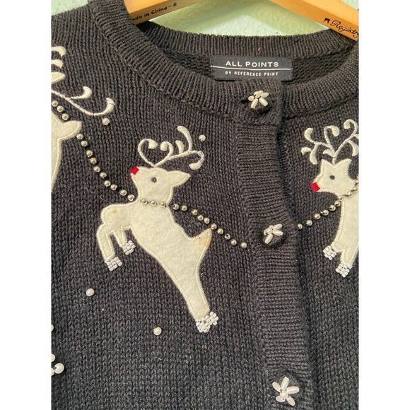 Vintage Women's Holiday Christmas Reindeer‎ and Snowflake Black Sweater Small - Picture 7 of 11